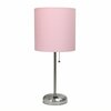 Creekwood Home Oslo 19.5in Power Outlet Base Metal Table Lamp, Brushed Steel, Light Pink Drum Fabric Shade CWT-2009-LP
